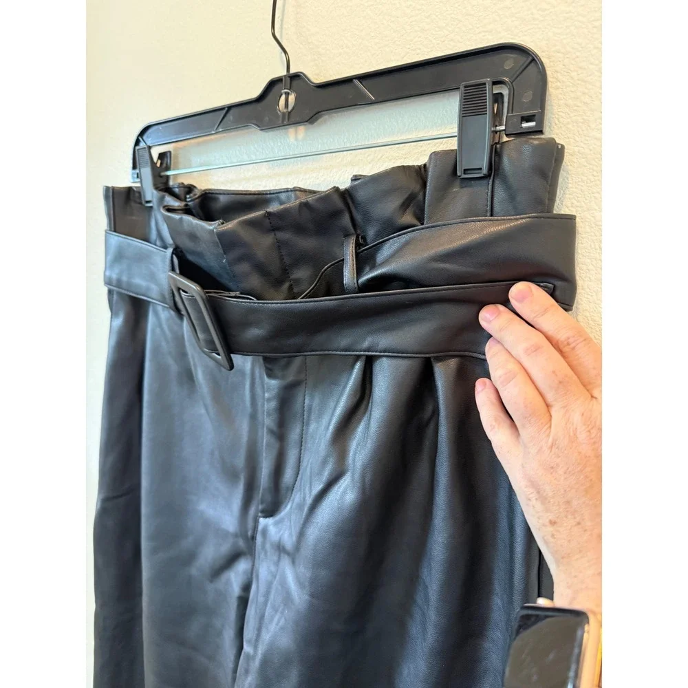 H&M Black Faux Leather Paperbag Waist Belted Tapered Pants Womens Size 8 Vegan